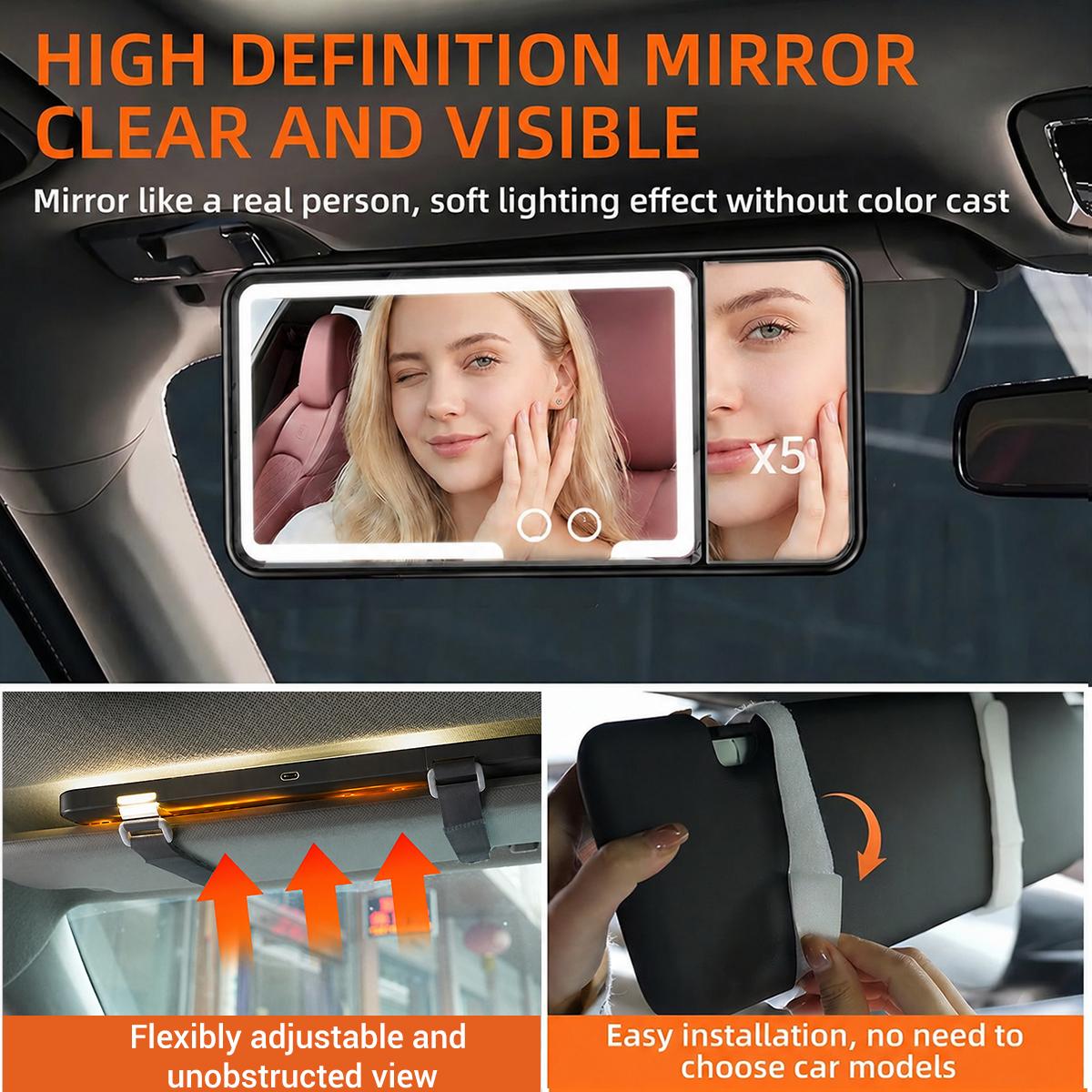 Car Sun Visor Cosmetic Mirror, Rechargeable Dimmable Vanity Mirror with 3 Light Modes, Clip-On Sun-Shading Mirror Universal for Car SUV Truck