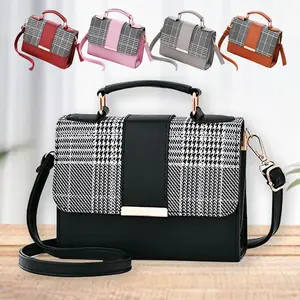 Stylish Check Pattern Square Shoulder Bag for Women PU Leather Contrast Color Satchel with Top Handle for Commuting