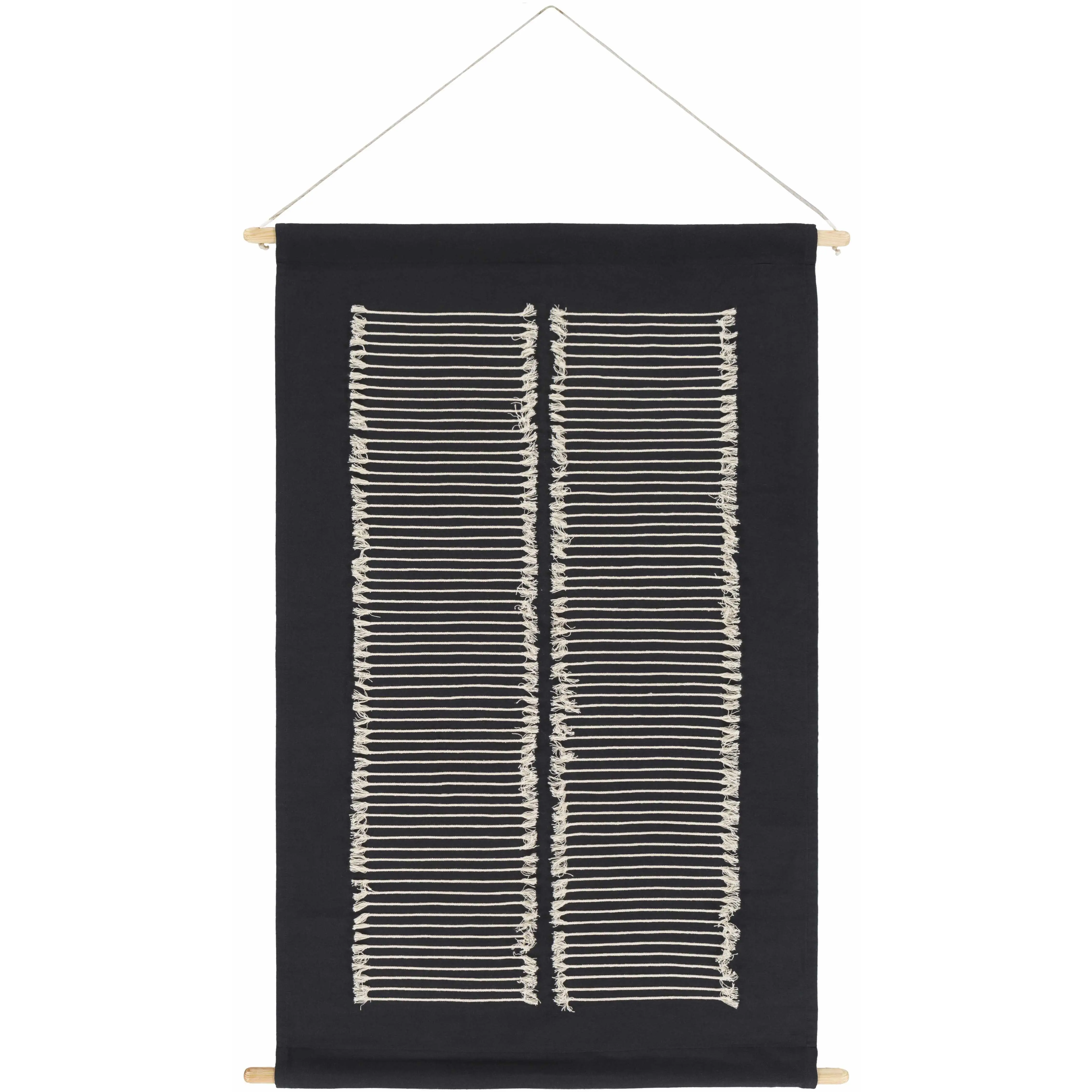 Navy Fringed Wall Hanging Boho Room Art Decor - Hangable Macramé Tapestry Ornament for Living Room, Bedroom, Entryway, Cotton-Look Texture, Handmade Style Accent