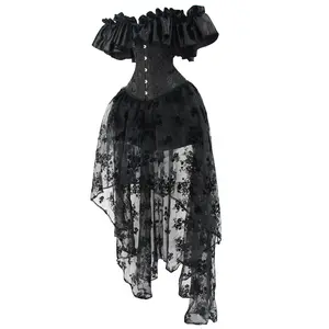 Halloween Dark Gothic Style Series Dress with Sexy Ruffled Sleeves And Off-Shoulder Corset Top Paired with a Long Skirt Set., Goth Accessories Womenswear Clothes Costumes Black Chic   vintage tops   Elegant