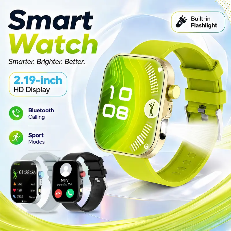 2.19" Full Touch HD Smart Watch – Bluetooth Calling, Music, Flashlight – Voice Assistant, Multi-Sport Modes, Sleep Monitor, Camera Control – Pedometer, Weather, Alarm, Calculator – Magnetic Charging – Compatible with Android/iOS – Unisex – Holiday Gift