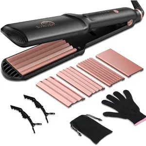 Hair Crimper for Women 4 in 1 Flat Crimping Iron Ceramic Plates Waver Hair Tool Hair Straightener Curling Iron with 15s Fast Heating Rose Gold