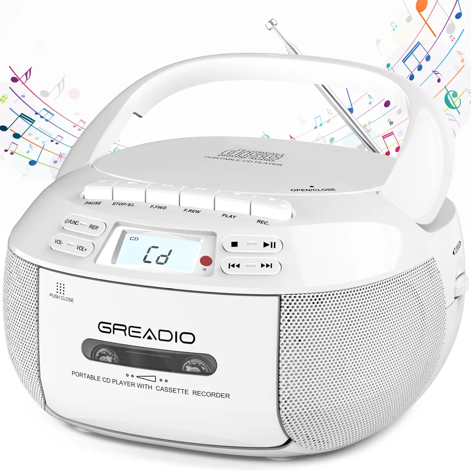 Greadio portable CD&Cassette Player Boombox with Bt,AM/FM radio,HiFi stereo subwoofer, remote,AUX/USB, AC/DC powered,tape recording, LCD display