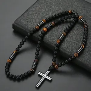 Retro Beaded Design Vintage Cross Necklace,Charms Necklace,Men's Accessories,Trendy all-Match and Exquisite Vintage Bohemian Jewelry for Men As Gift