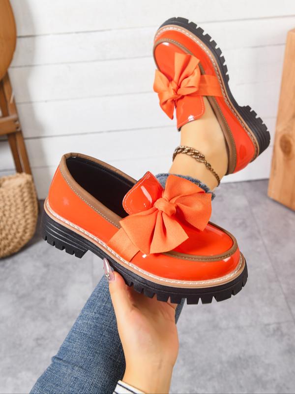 Women's Bowknot Loafers, Spring & Fall Casual PU Leather Shoes, Plain Pattern, Less Than Ankle Height, PVC Sole