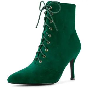 BLISSFUL STEP Pointy Toe Side Zip Lace Up Stiletto Heels Ankle Boots