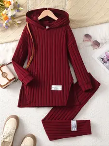 Girls Letter Patchwork Drop Shoulder Hoodie and Tight Pants Ribbed Set, Casual Fashion for School and Play, Comfortable Fall and Winter Clothing, Casual Outfit Set, Girl Clothes School