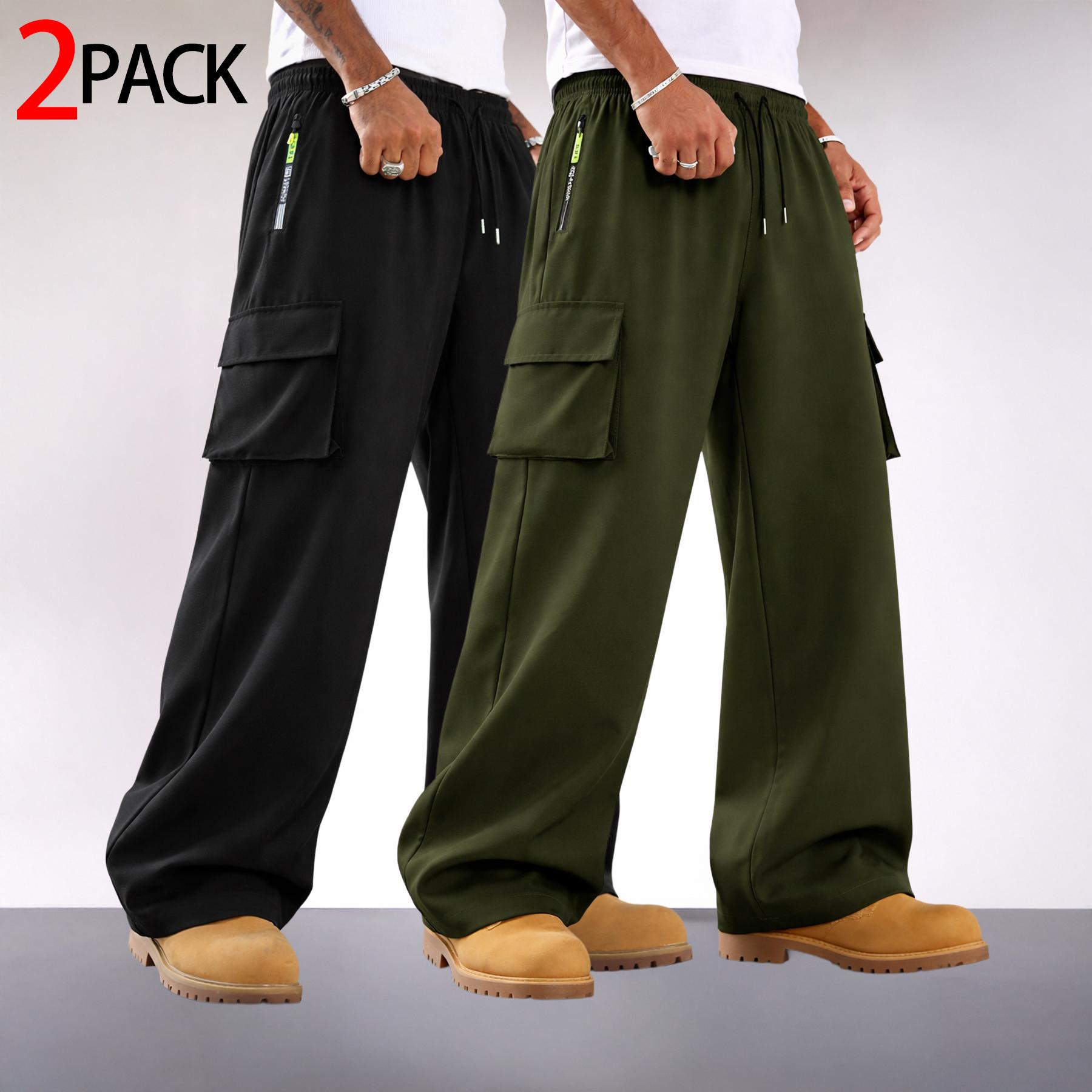 2 Pack Mens Cargo Pants Wide Leg Drawstring Multi Pocket Streetwear Utility Trousers Loose with Zipper Pocket and Large Flap Cargo Pockets for Casual Commuter Outdoor Wear and Relaxed Daily Outfits
