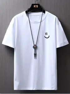 Neutral Simple Smiley Print T-Shirt, Round Neck Cotton Top, Casual Streetwear, Perfect for Denim Jacket and Work Pants