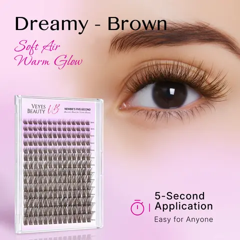 VEYESBEAUTY Dreamy-Brown PBT Fibers Volume False Eyelash Cluster Kit for Adults, Dramatic Lashes with Adhesives, Home DIY Radiant False Eyelashes & Adhesives Accessories Kit for Self Application