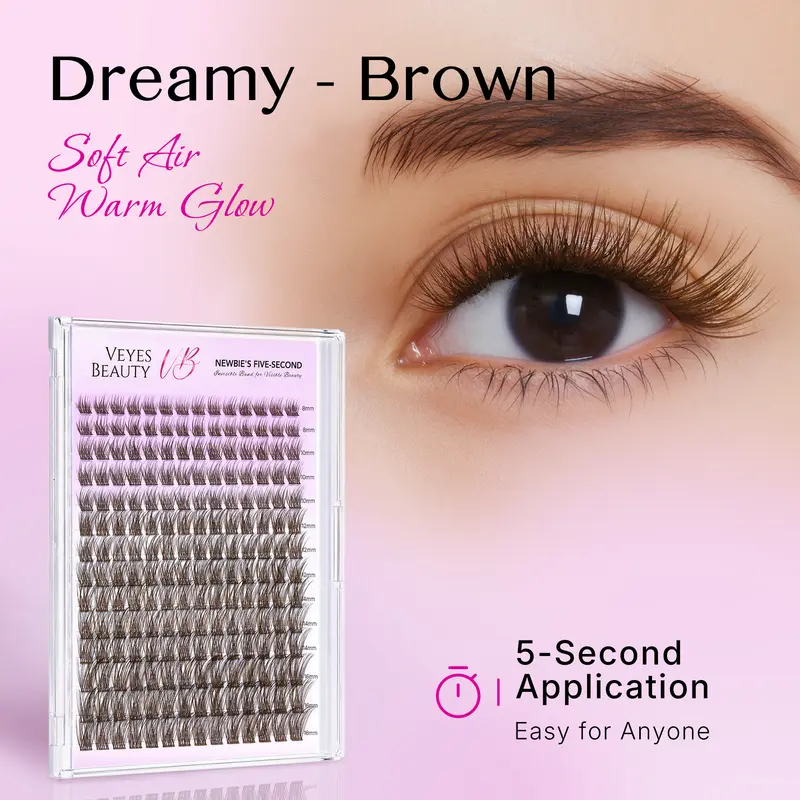 VEYESBEAUTY Dreamy-Brown PBT Fibers Volume False Eyelash Cluster Kit for Adults, Dramatic Lashes with Adhesives, Home DIY Radiant False Eyelashes & Adhesives Accessories Kit for Self Application