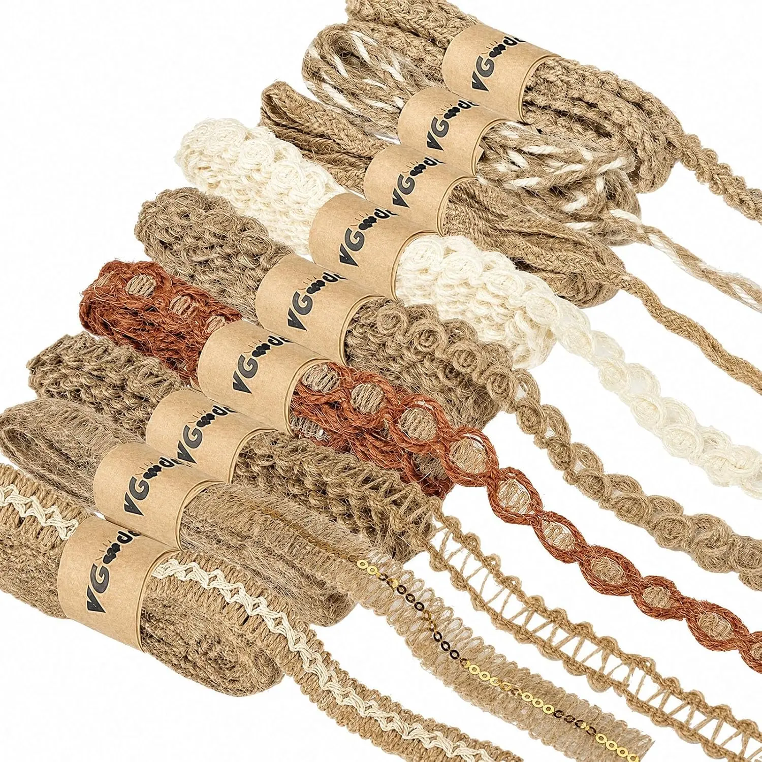 VGOODALL Jute Lace Ribbons, 9 Rolls (18m Total) – Craft Trim for Gift Wrapping, Rustic Wedding & Holiday Decor