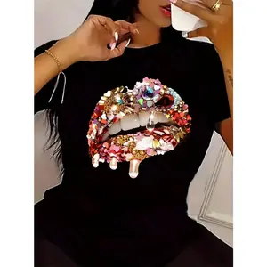 Sparkly Sequin Crystal Dripping Lips Graphic Tee Women Oversized Streetwear Short Sleeve Crewneck Soft Cotton Casual Cute Going Out Summer Outfit