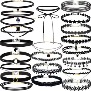 22 Pcs Necklaces Black Velvet Choker Set for Women Classic Adjustable Gothic Lace Black Collar Tattoo Lace Chokers Charm Stretch for Party Cosplay Christmas Birthday