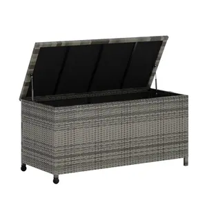 125-gallon PE rattan outdoor storage deck box, water-resistant and mobile with wheels and side handles. Spacious container for patio, pool, balcony and backyard daily storage.