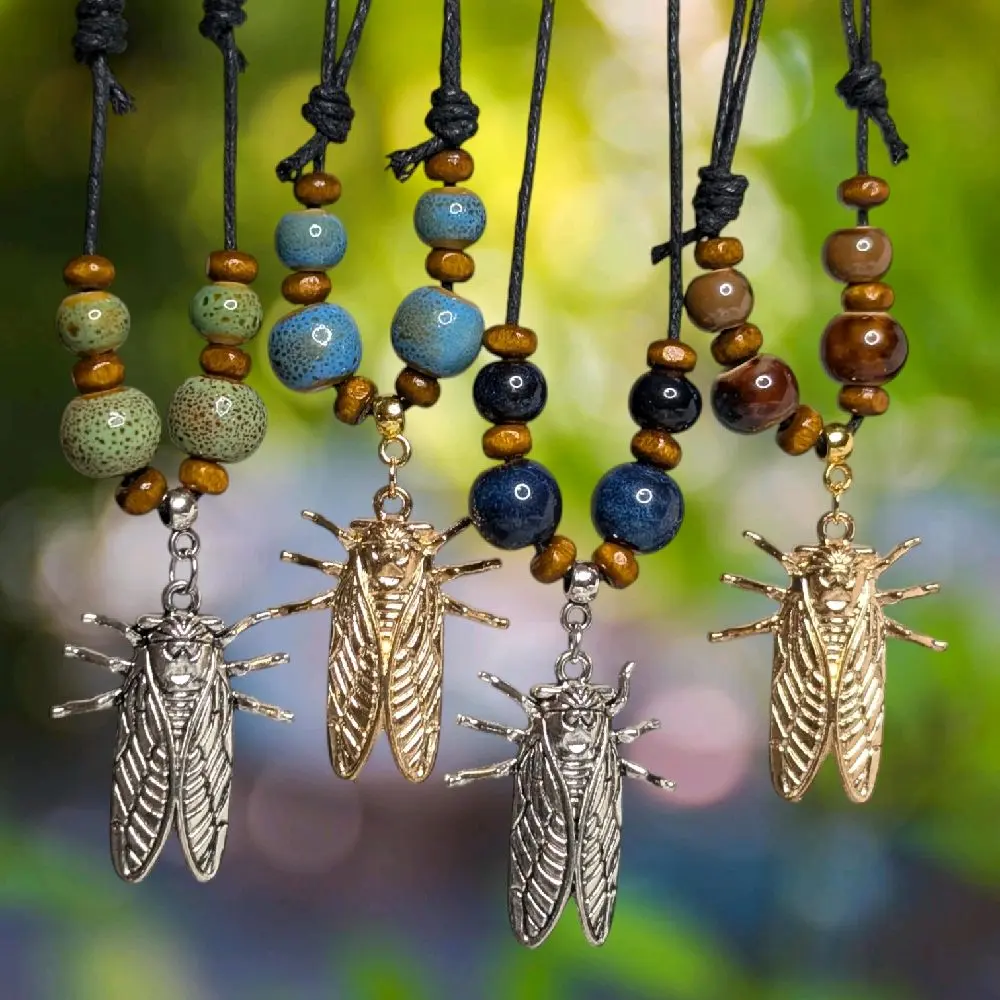 Cicada Beetle Charm Silver Gold Ceramic Beaded Pendant Wooden Boho Hippie Whimsical Adjustable Rope Cord Choker Stacking Necklace Jewelry