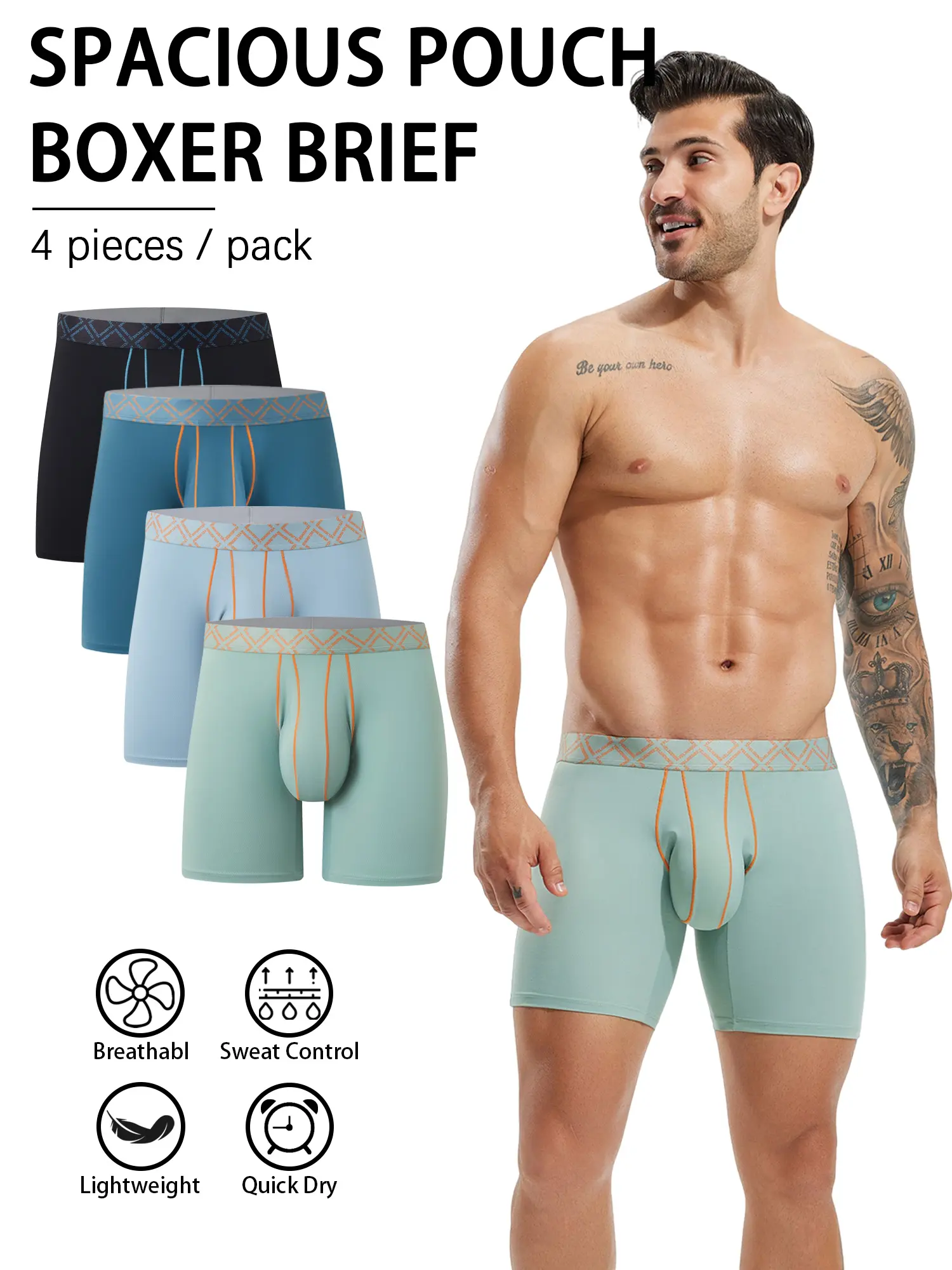 Men's 4-Pack Fresh Cool Boxer Briefs - Spacious Bulge Pouch, Ergonomic 3D Support Pouch, Plain Casual Style, Breathable Moisture-Wicking Instant Cooling Fabric, No Rolling/Digging, Stay-Put Waistband, Office-Ready Trunks, Fresh Cool Men's Boxer Briefs