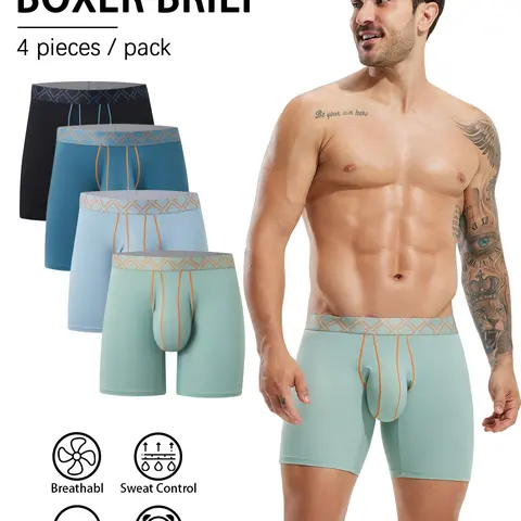 Men's 4-Pack Spacious Bulge Pouch Boxer Briefs, Ergonomic 3D Support Pouch, Plain Casual Style, Breathable Moisture-Wicking Instant Cooling Fabric, No Rolling/Digging, Stay-Put Waistband, Office-Ready Trunks