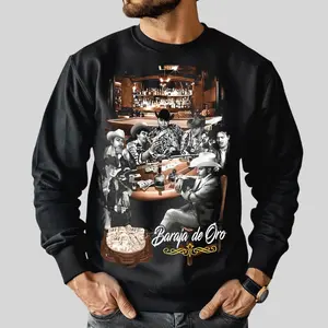 Baraja De Oro Sweatshirt | Mexican Narco Style Graphic Tee | Norteño Cowboy Corrido Sweatshirt for Men | Vintage Bandidos Card Game Scene | Chicano Streetwear Cotton Menswear Sweatshirt