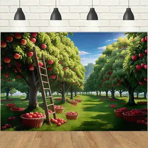 1pc 2D Harvest Apple Orchard Theme Banner, Beautiful Fruit Tree Ladder Backdrop, Party Decoration Tapestry, Photo Booth Background Cloth for Harvest Season Celebration