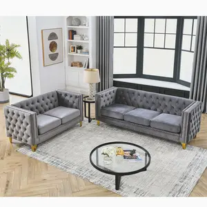 Velvet Sofa for Living Room, Buttons Tufted Square ArmCouch, Modern Couch Upholstered Button and Metal LegsSofa Couch for Bedroom, Grey Velvet