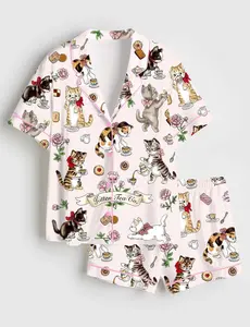 Cat Tea Party Pajama Set, Pink Kitty Print Sleepwear, Short Sleeve Satin Top, Elastic Waist Shorts, Cute Lounge Outfit For Women