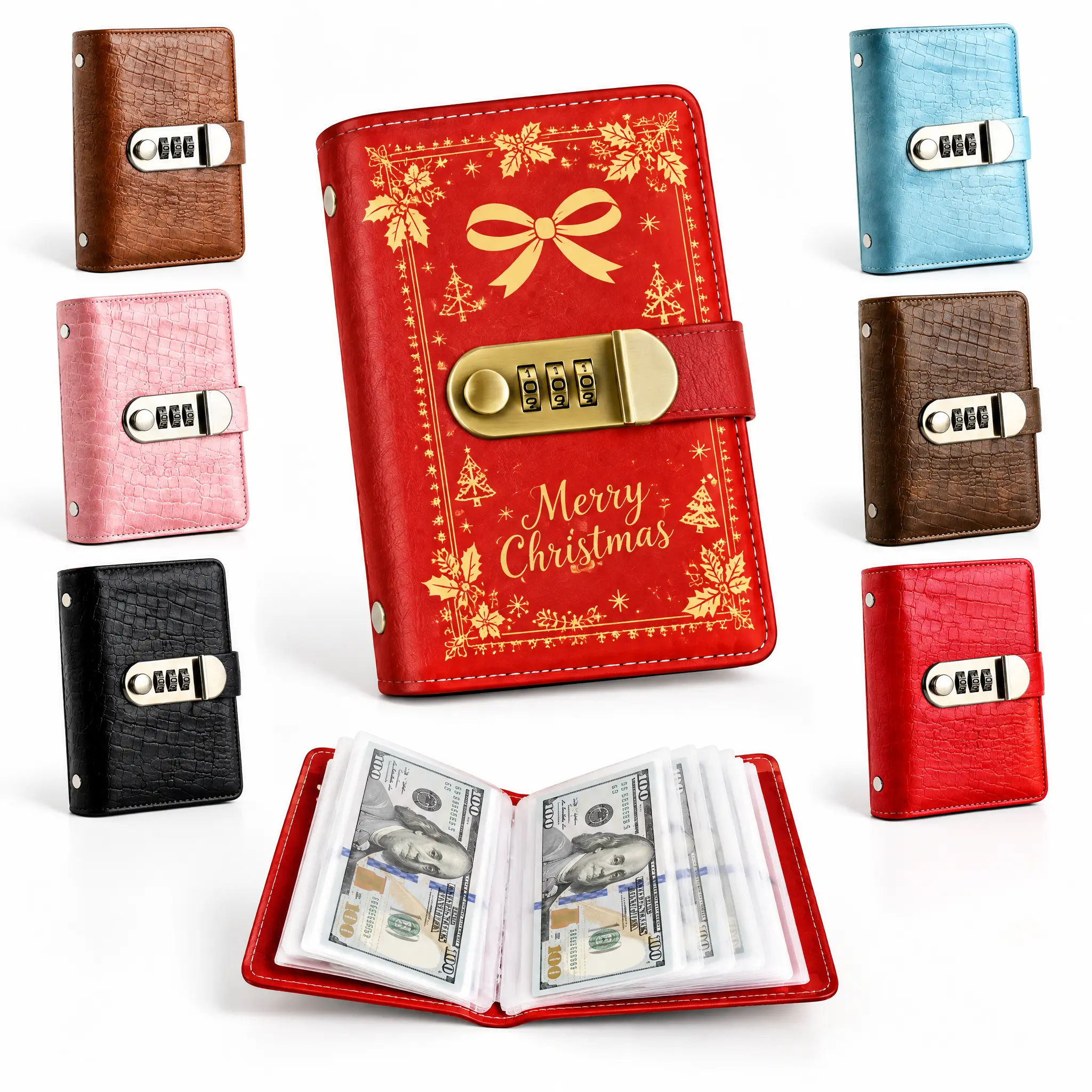 Christmas A6 PU Leather Binder Savings Notebook with 3-Digit Resettable Password Lock - Home Storage Cash Binder, Budget Planner & Monthly Bill Organizer for Money & Important Items, Secure Protection, Durable Material