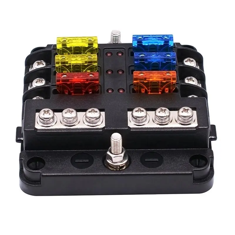 6-Way Fuse Block with LED Indicators and Negative Bus for 12V and 24V DC Vehicles