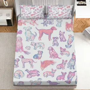 3Pcs Adorable Colorful Dog Fitted sheet Three Piece Set (1*Fitted Sheet+2*Pillowcases, Coreless), Pet Lovers theme, Soft Microfiber Bedding Set, Mattress protector Soft, Breathable