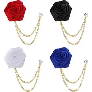 LOLIAS 4PCS Brooch Lapel Pin for Men with Hanging Chain,Brooch Suit Stud,Handmade Rose Flower Pins for Groom Wedding Prom Tassel Chain Brooch Pins Men's Suit Accessories