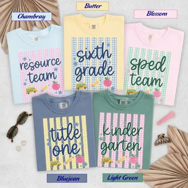 Comfort Colors Teacher Team Shirt, Back to School Graphic Tee, Gingham Grade Level Teacher T-Shirt, First Second Third Fourth Fifth Grade, Cute Teacher Appreciation Gift, Full Size, Full Color, Back To School Gift, Back To School Shirt