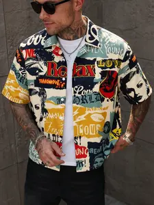 Men's Retro Pop Art Collage Print Short Sleeve Button Up Shirt, Graphic Printed Shirt, Lightweight Breathable Polyester, Vintage Graffiti Style, "Relax" & "Love" Slogan Graphic, Classic Collared Design, Regular Fit, Y2K Streetwear, Ideal for Summer