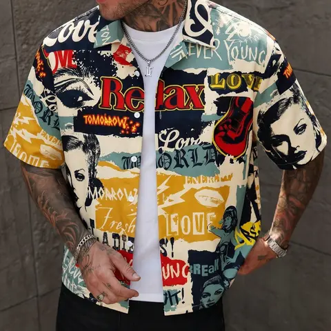 Men's Retro Pop Art Collage Print Casual Letter Pattern Short-Sleeve Button-Up Shirt, Casual Loose Shirt, Lightweight Breathable Polyester, Vintage Graffiti Style, Relax & Love Slogan Graphic, Classic Collared, Regular Fit, Ideal for Summer