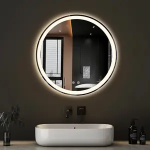 24-Inch Round LED Backlit Mirror with Lights, Circle Mirror with Anti-Fog, Dimmable, 3-Color Light, Memory Function, Tempered
