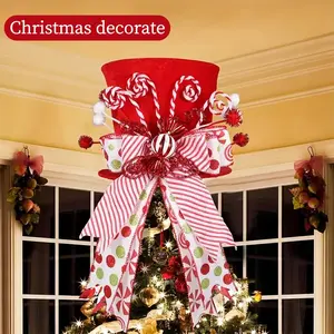Christmas Tree Top Hat, 1 Count Candy Bar & Twister Stick & Ribbon Bow Decor Tree Topper, Festive Decorations for Home Party, Party Decoration Suppliesvalentine gifts