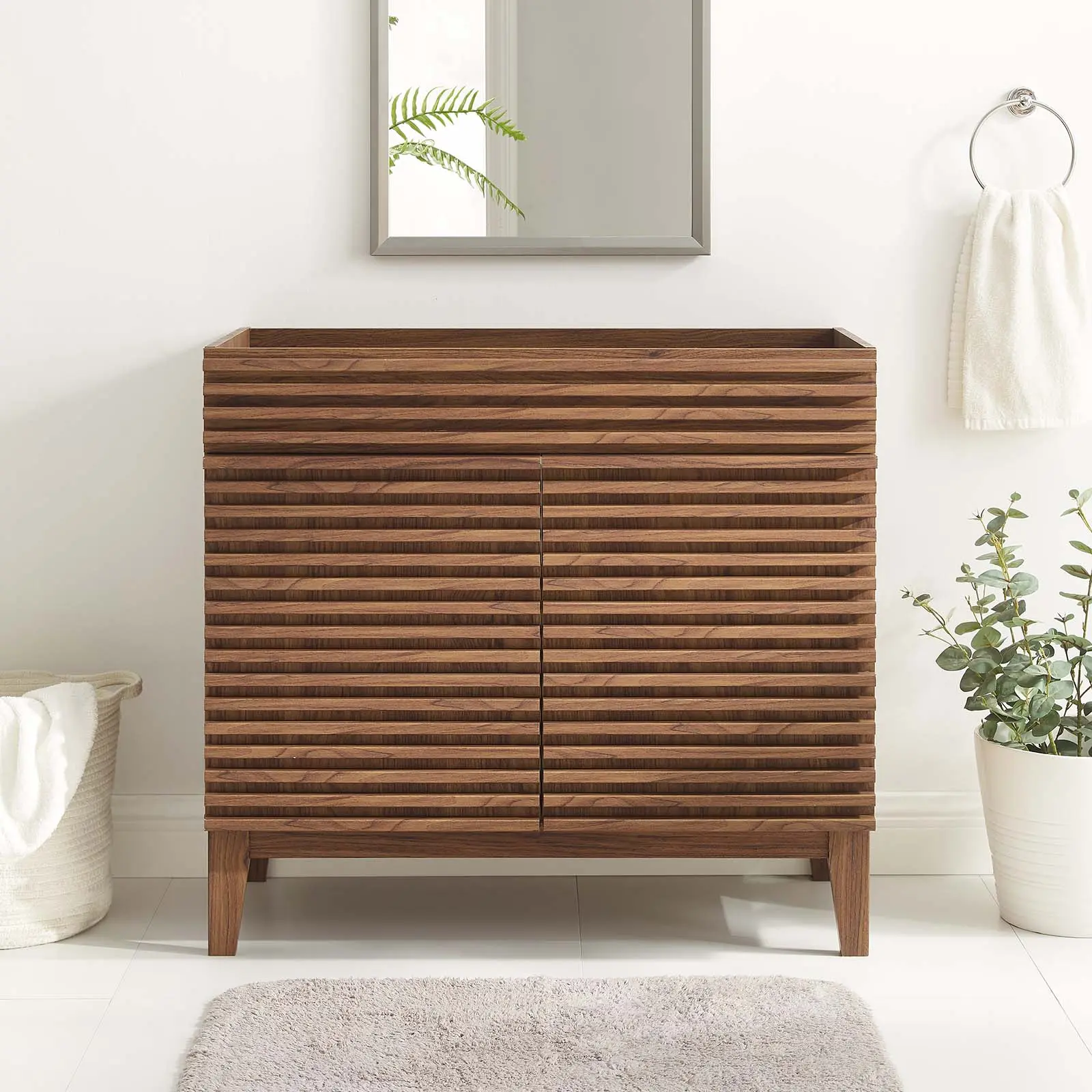 Modway Render 36" Wooden Bathroom Vanity Cabinet, Bathroom Storage Cabinet (Walnut Finish), Wooden Bathroom Cabinet