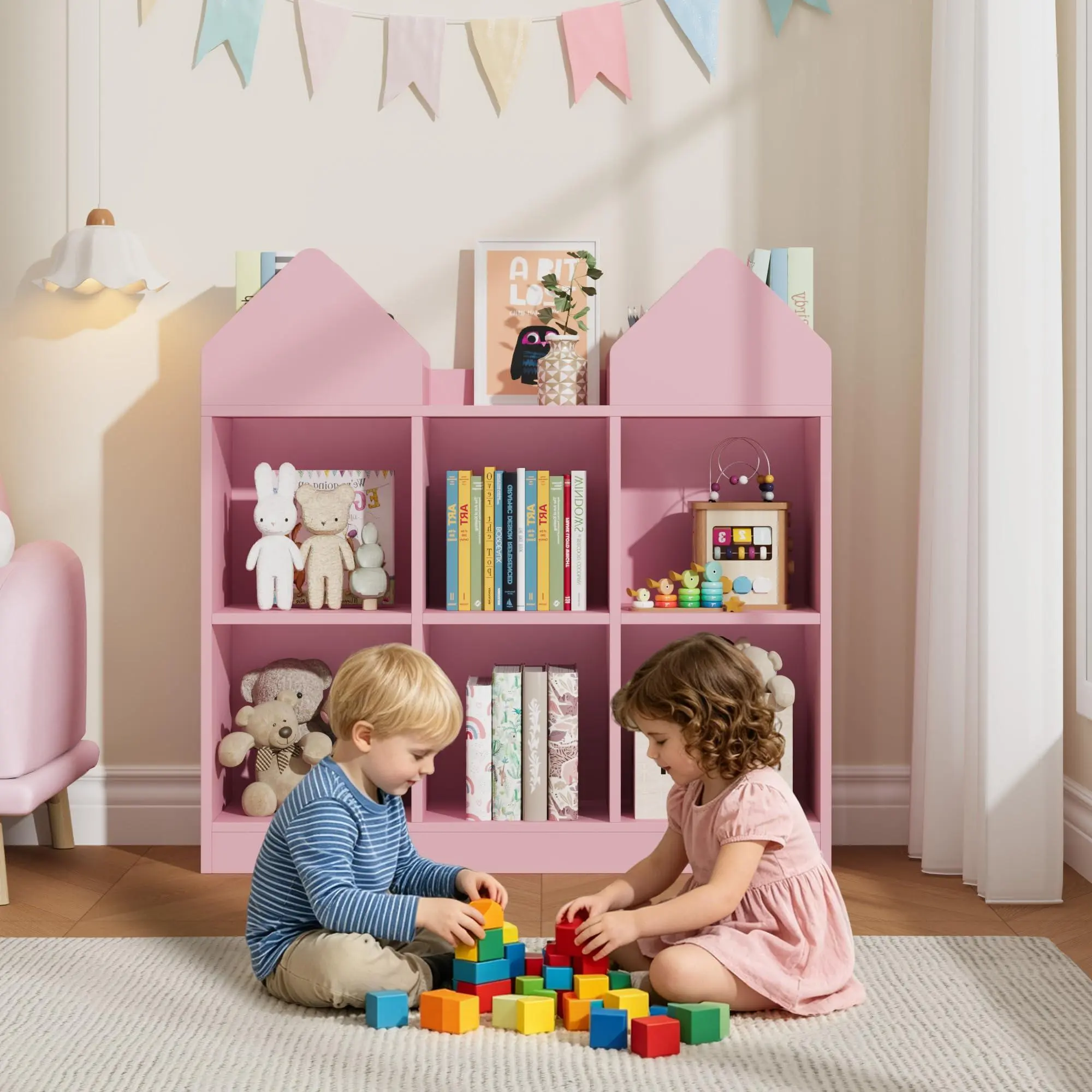 Kids Bookshelf with House Design Double Roof Bookcase, 3-Column 2-Tier Open Storage Floor Standing for Bedroom Playroom Living Room 35.4 Inch, Pink