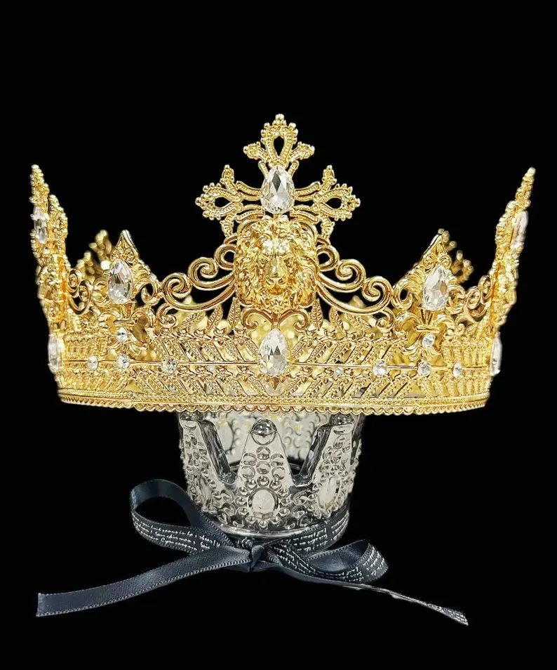 Gold Lion King Crown, Prince Wedding Headpiece, Clear Crystal Crown for Groom, Masquerade Ball Crown, Homecoming King Crown, Birthday Crown
