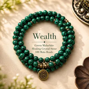 8mm Green Malachite Healing Crystal Stone 108 Mala Beads Money Attraction Bracelet Long Beaded Wrap Bracelets Genuine Gemstone Mala Prayer Beads Lotus Buddha Charm Yoga Meditation Necklace Jewelry Necklace for Ideal Gift , Elegant with Lotus Pendant