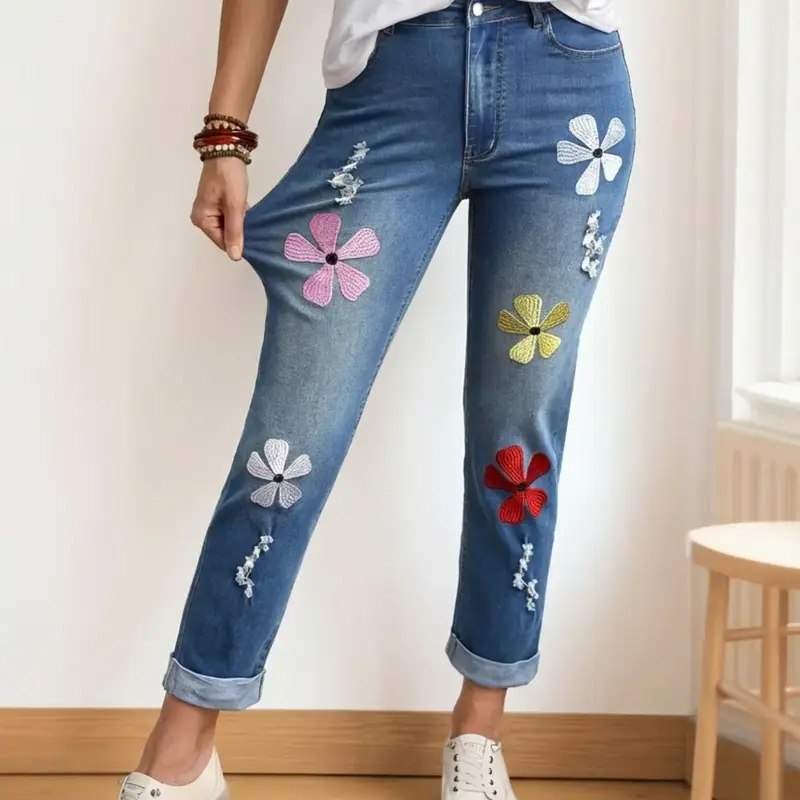 Women's Plus Size Floral Stretch Denim Jeans Pants Bottom, Fashionable Casual Everyday Wear for All-Season Fit