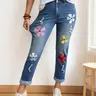 Women's Plus Size Floral Stretch Denim Jeans Pants Bottom, Fashionable Casual Everyday Wear for All-Season Fit