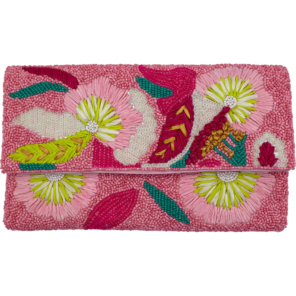 Pink Floral-designed Handbeaded Clutch with Crossbody Chain