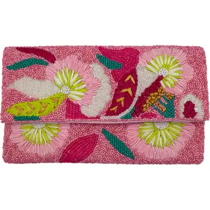 Pink Floral-designed Handbeaded Clutch with Crossbody Chain