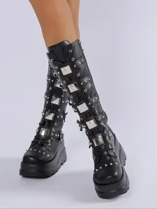 Punk Style Thick Sole Long Boots for Women, Metal Buckle Rivet Laces Knight Boots, Studded Boots, Trendy and Comfortable Fashion Shoes