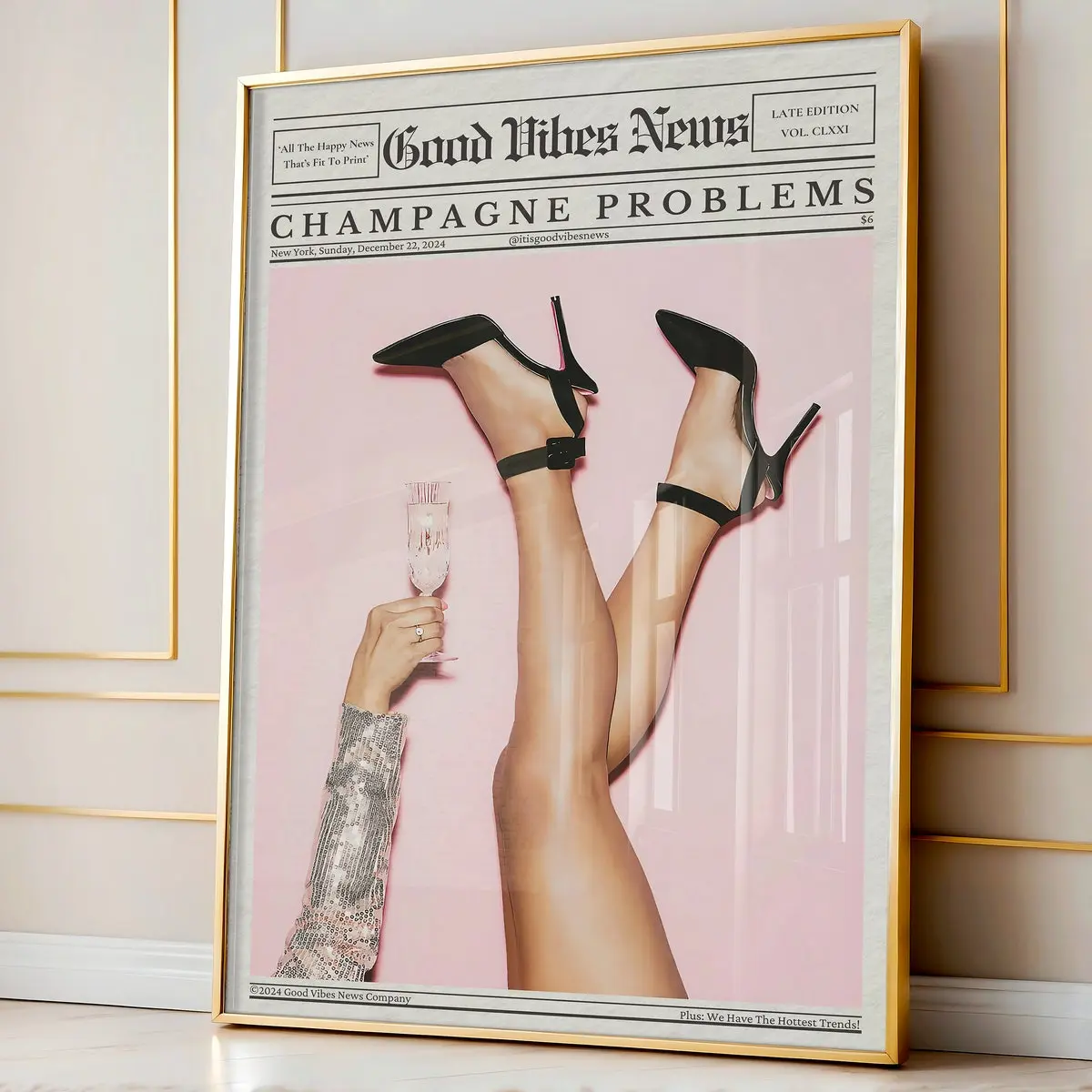 Good Vibes News Art, Dorm Wall Art, Champagne Problems Poster, Trendy Pink Newspaper Print, Aesthetic Girly Wall Decor, Room Decor, Unframed
