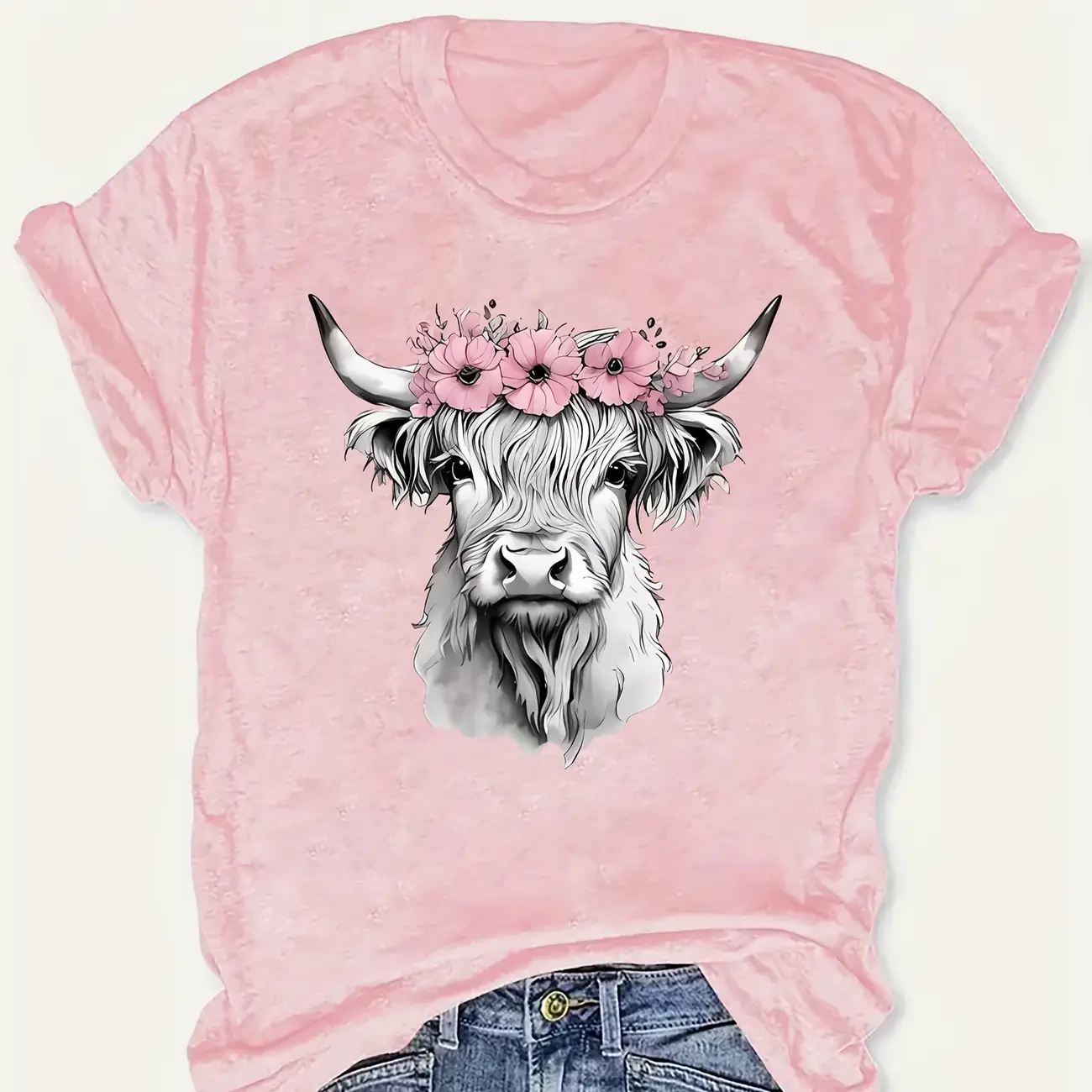 Pink Highland Cow Floral Crown Graphic Cotton T-Shirt, Cute Casual Fashion Outfit, Comfort Oversized Crew Neck Tee, Perfect Valentine's Day Gift For Her