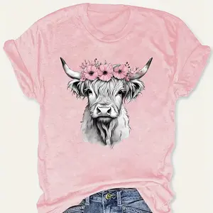 Pink Highland Cow Floral Crown Graphic Cotton T-Shirt, Cute Casual Fashion Outfit, Comfort Oversized Crew Neck Tee, Perfect Valentine's Day Gift For Her