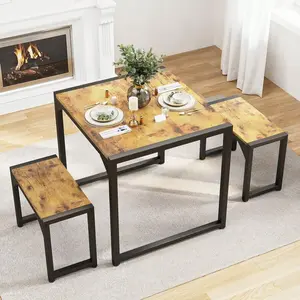 Dining Table Set With Steel Frame, Kitchen Table Set For 2, Dinner Set With 2 Benches For Small Space, Space Saving Dining Room Table Set For Restaurant, Kitchen, Living Room