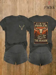 Western Cowboy Style Cow Print Short Sleeve T-Shirt and Shorts Set, Breathable Cotton Fabric, Vintage Poster Design, Casual Daily Wear