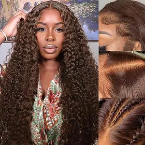 Chocolate Brown Curly Human Hair 13X6 Brown Deep Wave Lace Front Human Hair Wig 200% Density Brown Water Wave Wig Pre Plucked with Baby Hair for Women Brown Lace Front Wig
